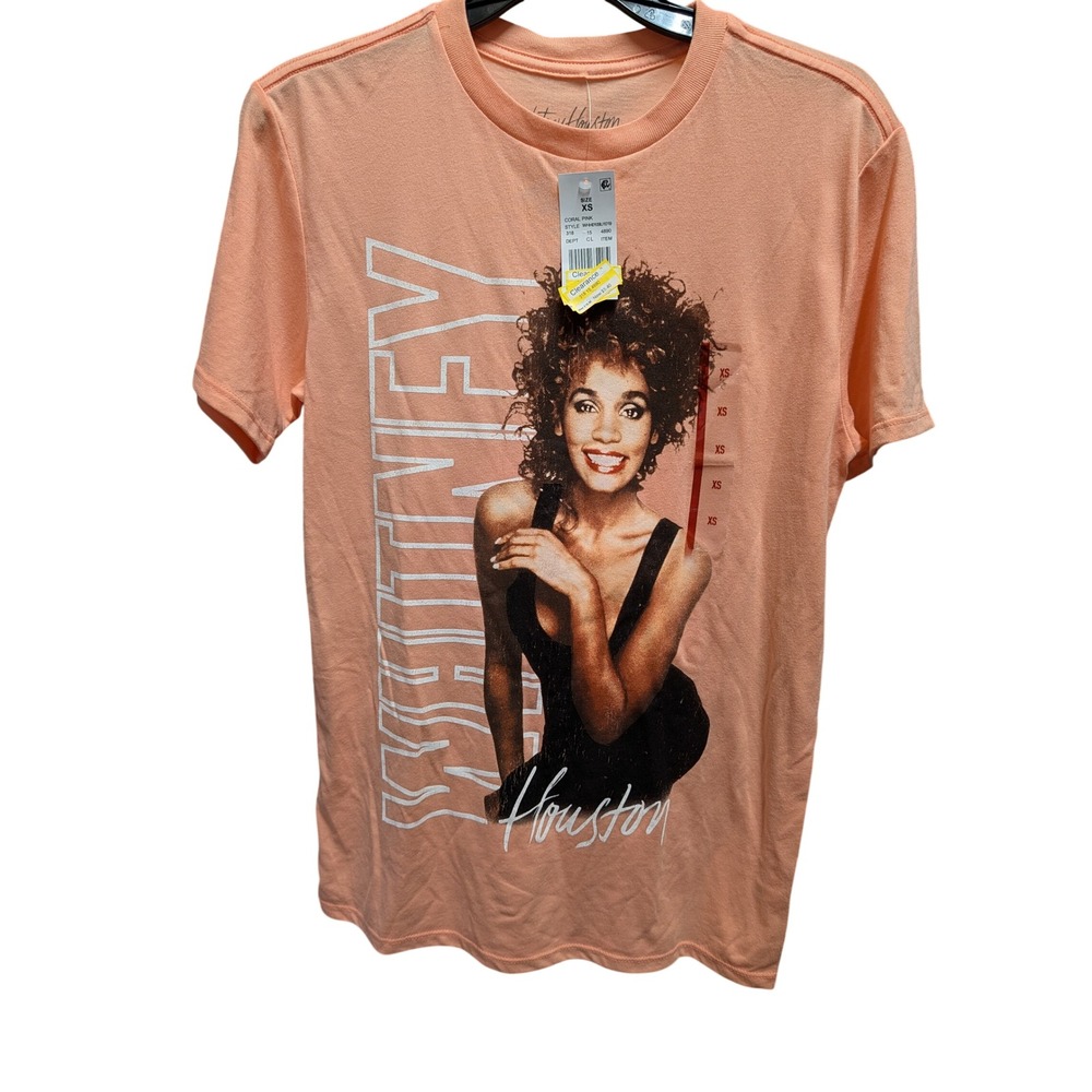 Whitney Houston Graphic Tee Women XS Coral Pink NWT Music Icon Portrait Shirt